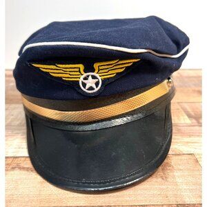 Pilot Style Navy Blue Cap Gold Band & Star Wing Emblem Adjustable Snapback Hat